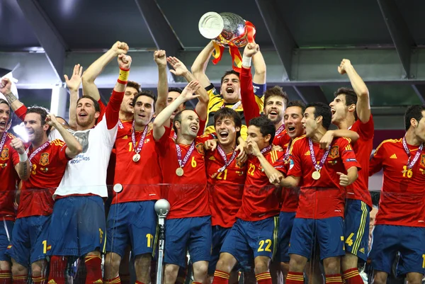 Збірна Іспанії з футболу святкує свою перемогу на Uef — стокове фото