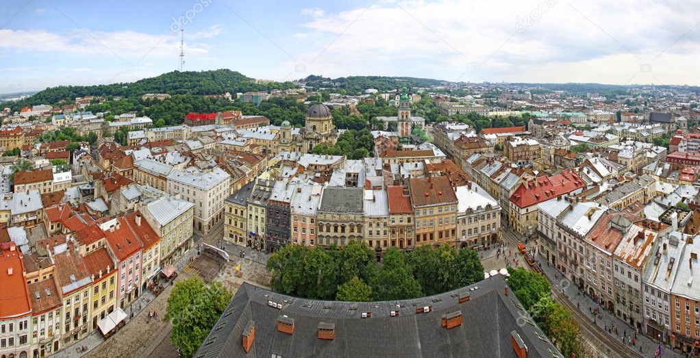 Panoramic view of Market Square and Old town of Lviv