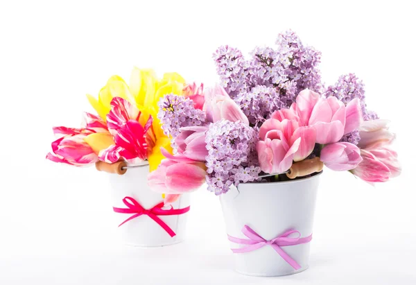 Bouquets from tulips and lilac — Stock Photo, Image