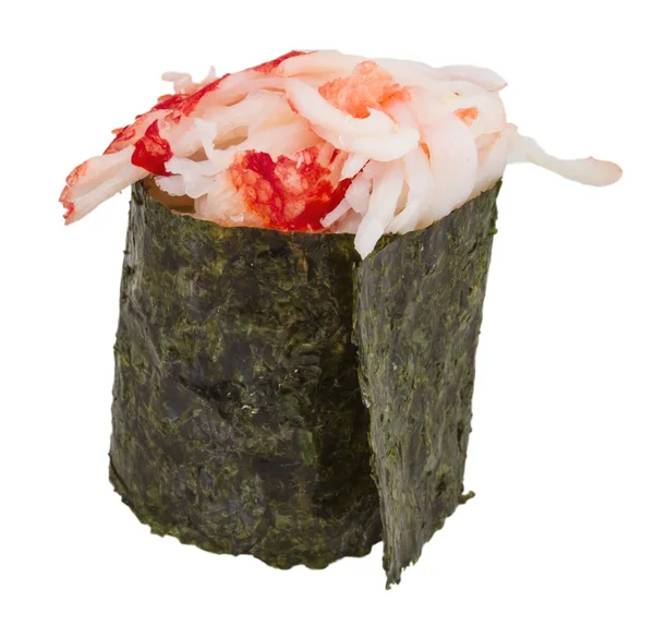 ΚΑΝΕΙ σούσι με sauced φέτες καβούρι γαρίδες που απομονώνονται σε λευκό β — Φωτογραφία Αρχείου