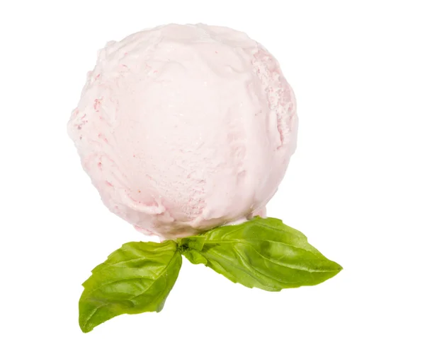 Scoop of strawberry ice cream from top on white background with — Stock Photo, Image