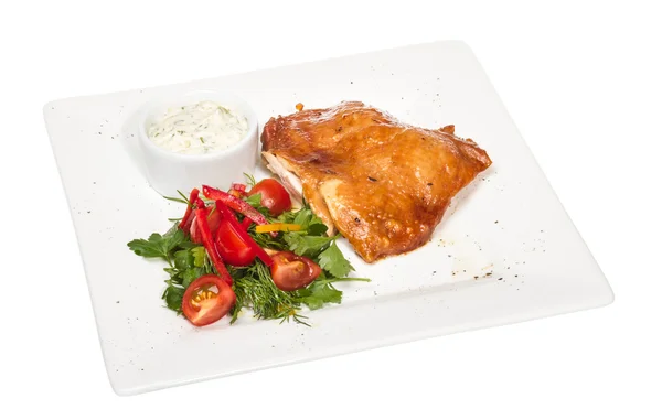 stock image Roasted chicken with vegetables on a white plate