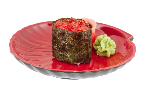 Macro shot of Salmon egg on sushi nikiri roll — Stock Photo, Image