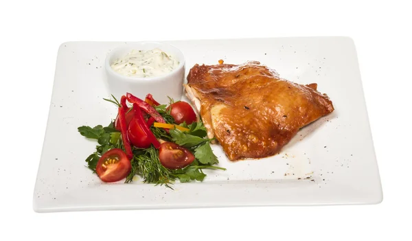 stock image Roasted chicken with vegetables on a white plate