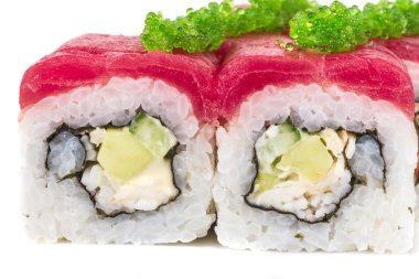 Maki Sushi - Roll made of Crab, avocado, cucumber inside. Fresh Tuna and tobico roe outside clipart