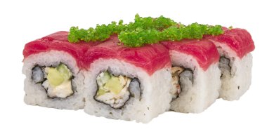 Maki sushi - rulo Yengeç, avokado, salatalık içinde yaptı. Taze orkinos ve dışarıda tobico Karaca