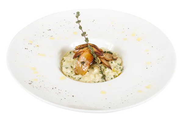 Foto av läcker risotto maträtt med örter och svamp på vit bakgrund — Stockfoto