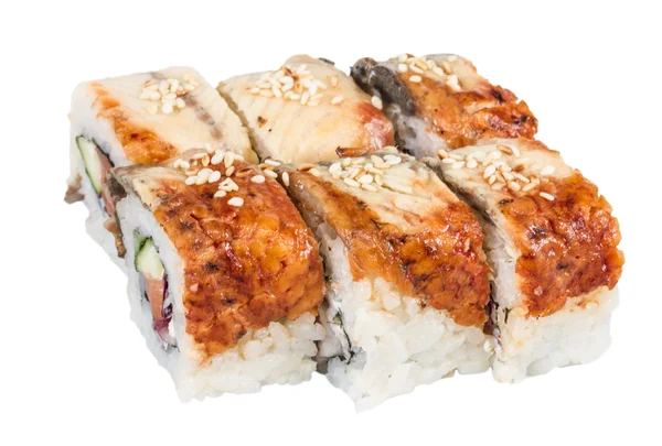 :Japon mutfağının - maki rulo ile salatalık, krem peynir ve Çiğ somon ve yılan balığı — Stok fotoğraf