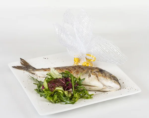 Beyaz tabak salata ile Dorada balık. Stüdyo vurdu — Stok fotoğraf