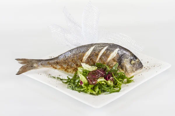 Рыба Дорада с салатом на белой тарелке. Снимок студии — стоковое фото