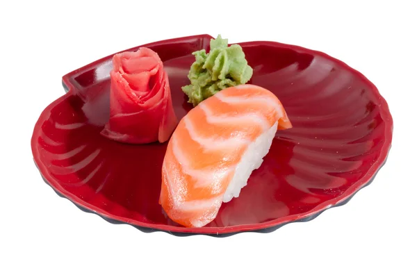 Estudio rodaje de sushi japonés vaki con salmón sobre fondo blanco — Foto de Stock