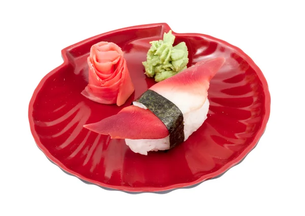 Hokkigai Molusco sushi sobre fundo branco — Fotografia de Stock