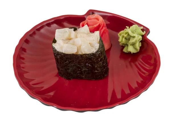 Kryddersushi-varme med sauserte stykker av kamskjell isolert på hvi – stockfoto