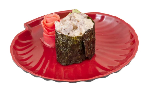Baharat soslu dilim füme yılan balığı, tavuk ve havyar ile Sushi — Stok fotoğraf