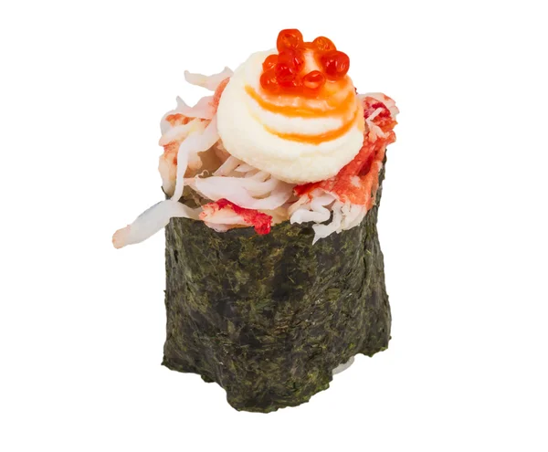 Sushi kani con rodajas salpicadas de camarones de cangrejo aislados en blanco b —  Fotos de Stock