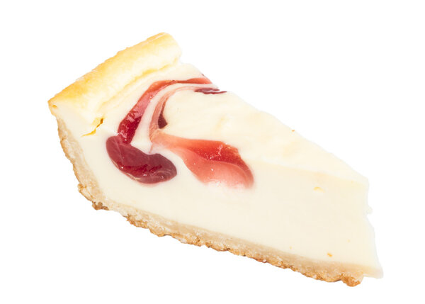 Closeup of a slice of cherry cheesecake on a white background