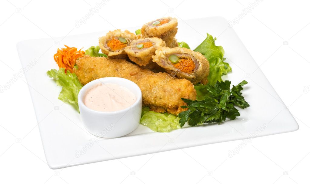 Japanese style pork cutlet with carrot and asparagus — Stock Photo