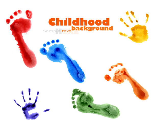 Background of colorful foot fnd hands prints
