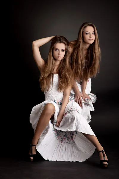 Bliźniaki dwie dziewczyny, na białym tle na szarym tle — Zdjęcie stockowe
