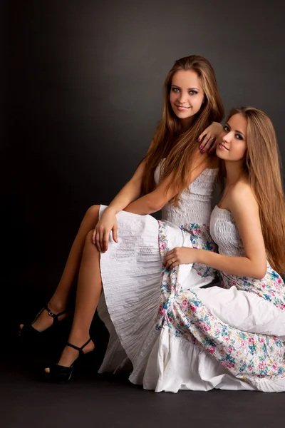 Två flickor tvillingar, isolerad på grå bakgrund — Stockfoto