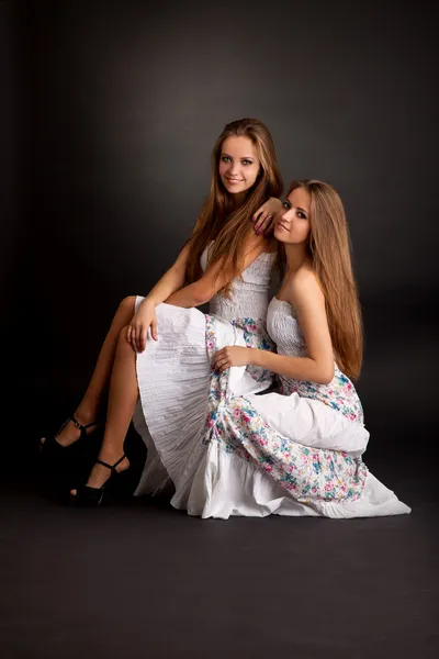 Due gemelle ragazze, isolate sullo sfondo grigio — Foto Stock