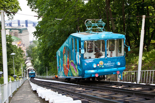 EURO 2012 RAILWAY FUNICULAR IN KIEV, UKRAINE - MAY 30
