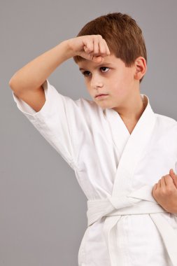 Beyaz kimonolu karateci çocuk dövüşüyor.