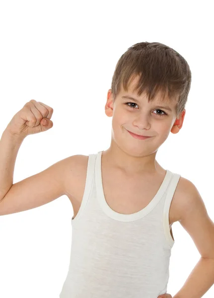 Menino mostrando seu músculo — Fotografia de Stock