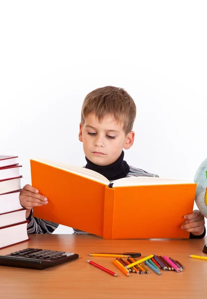 可爱的小学生读一本书 — 图库照片
