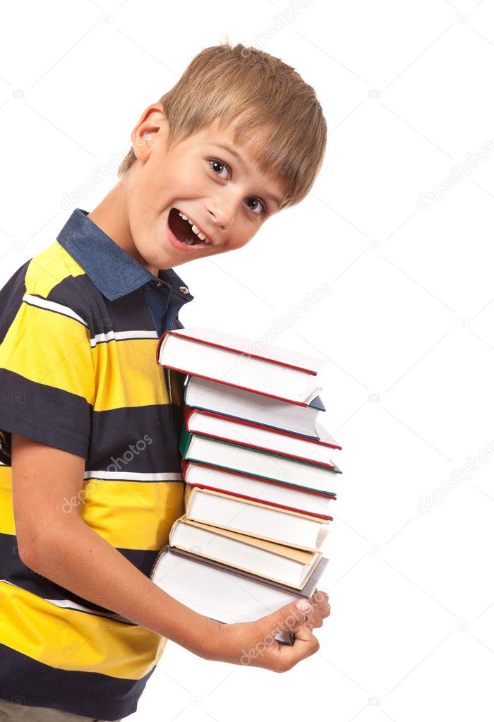 School boy is holding books
