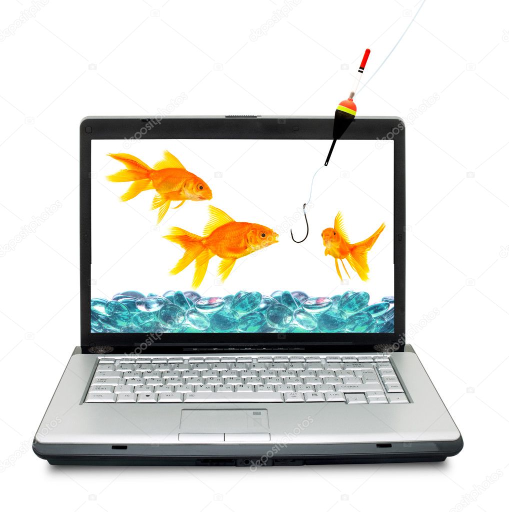 Goldfishes are in a laptop. Fishing,