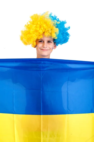 Football fan with ukrainian flag on a white background — Stock Photo, Image