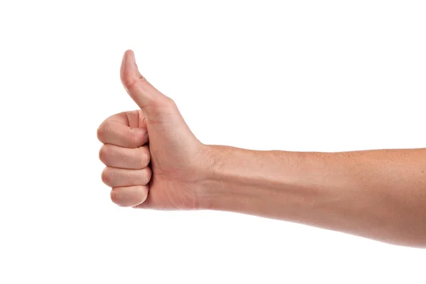 Manlig hand visar tummen upp skylt isolerad på vit — ストック写真