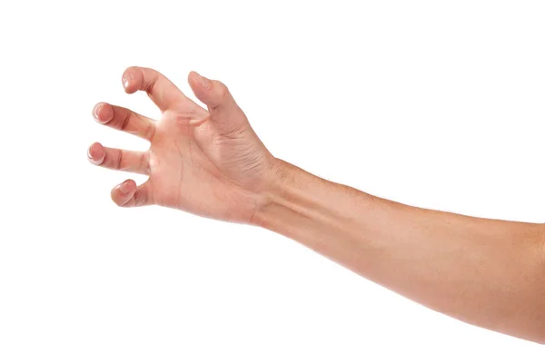 Mannelijke hand die reikt naar iets op wit — Stockfoto