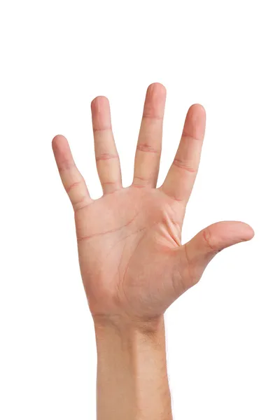 Χέρι closeup αριθμό πέντε χειρονομία που απομονώνονται σε λευκό — Φωτογραφία Αρχείου