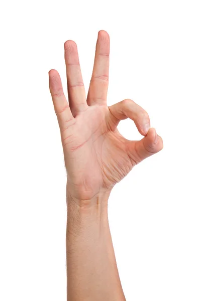 Hand zeigt ok Zeichen isoliert auf weiß — Stockfoto