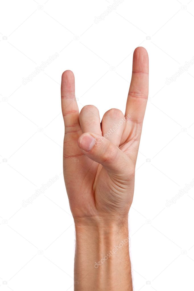 A man's hand giving the Rock and Roll sign