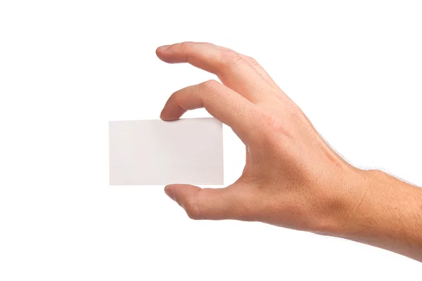 Деловой человек держит в руках чистую визитку — стоковое фото