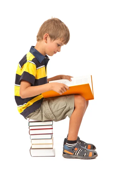 Schoolboy is sitting on books — Stock Photo, Image