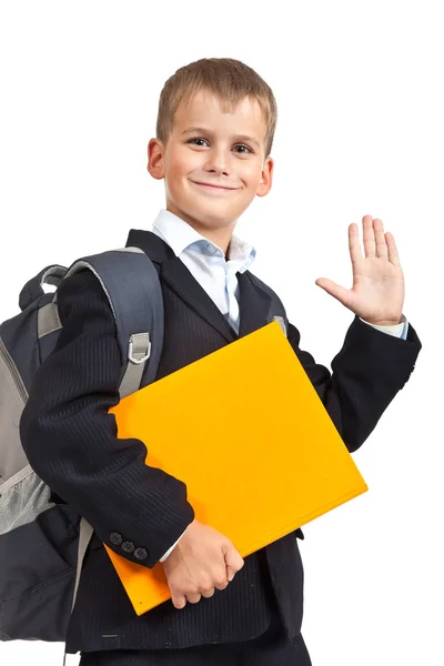 Schoolboy with orange book — Stock Photo, Image