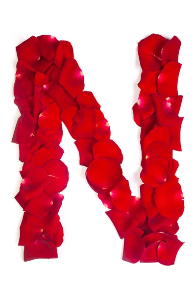 Buchstabe n aus roten Blütenblättern Rose auf Weiß — Stockfoto
