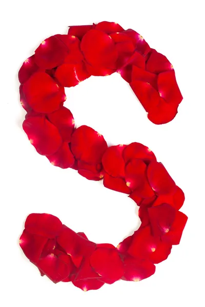Lettera S fatta di petali rossi rosa su bianco — Foto Stock