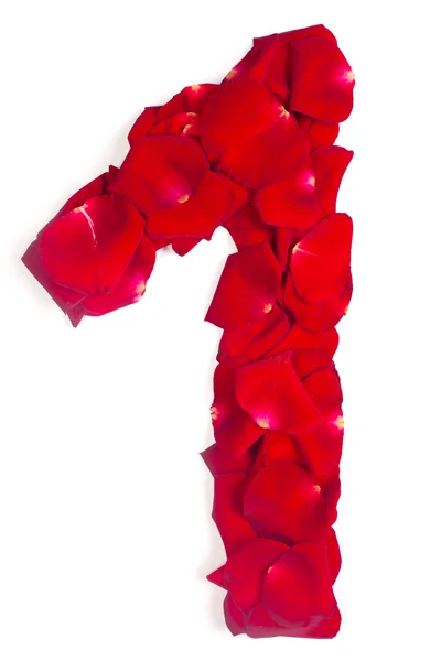 Number 1 made from red petals rose on white — Stock Photo, Image