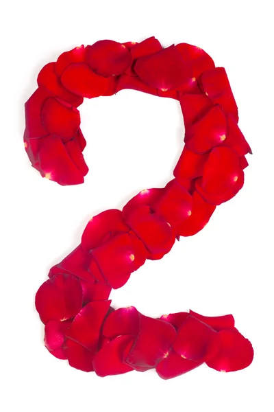 Number 2 made from red petals rose on white — Stock Photo, Image