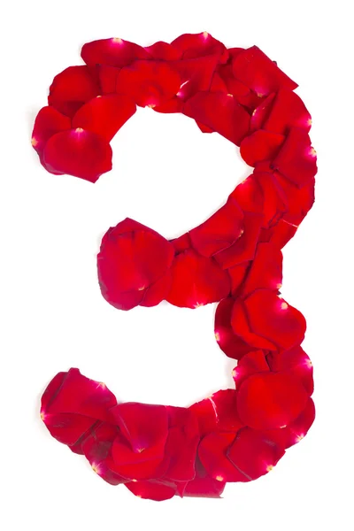 Número 3 hecho de pétalos rojos rosa sobre blanco — Foto de Stock