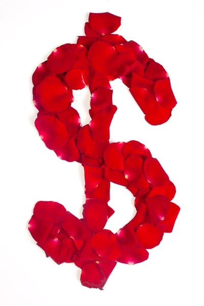 Symbol dollar made from red petals rose. — Stock Photo, Image