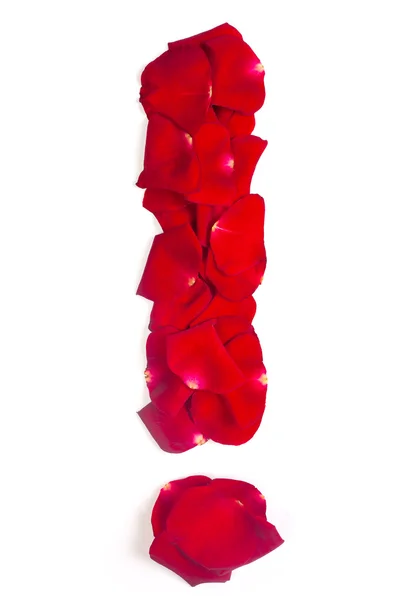 Exclamation sign made from red petals rose on white — Stock Photo, Image