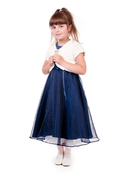 Pequena menina bonita no vestido de moda — Fotografia de Stock