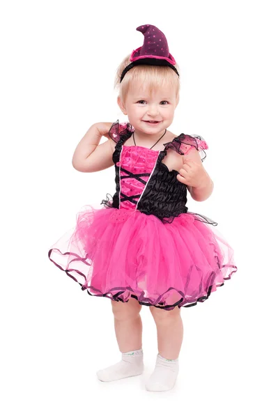 Lilla vackra flicka i mode klänning — Stockfoto