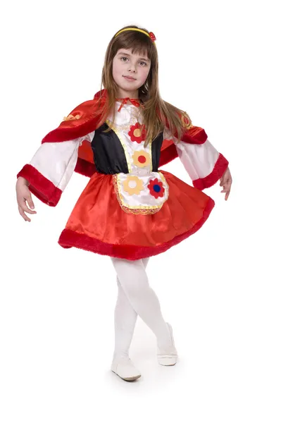 Meisje in little red riding hood kostuum — Stockfoto